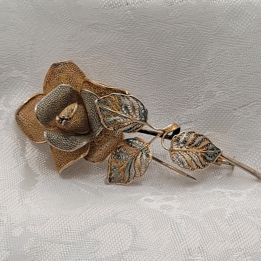 Incredible Antique Sterling Silver with Gold Wash Flower Mesh Brooch Pin